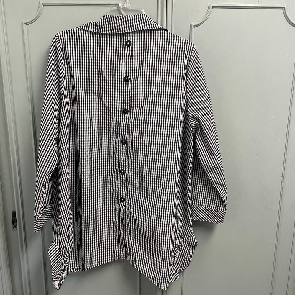 IC By Connie K Black White Gingham Button Back Blouse Size XL Plaid Classic - Picture 2 of 6